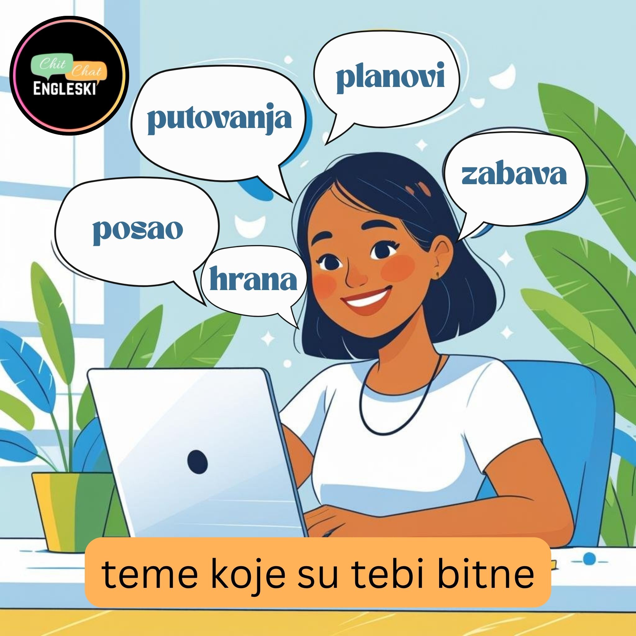 Žena na online času engleskog jezika, razgovara o njoj bitnim temama
